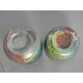 gyus-3　虹彩楽焼  夫婦湯のみ 文部大臣奨励賞受賞作家　荒川明作 木箱付き_4