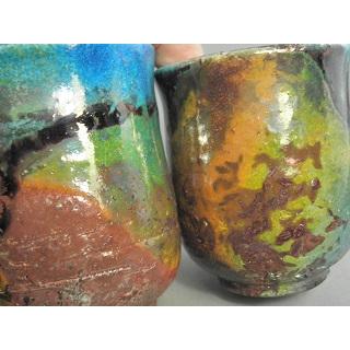 gyus-3　虹彩楽焼  夫婦湯のみ 文部大臣奨励賞受賞作家　荒川明作 木箱付き_5