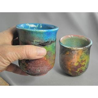 gyus-3　虹彩楽焼  夫婦湯のみ 文部大臣奨励賞受賞作家　荒川明作 木箱付き_6