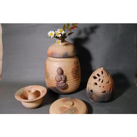 H3-3  焼締 骨壺 大長4うつり変わり 香炉、花器、壺付き添い人 ７号 文部大宮人推しすすめる賞勝ちとる原作者 荒川明作 木箱付き添い人 メモリアル用品作成グッズ-冠婚葬祭、宗教用品-キッチン、日用品、文具