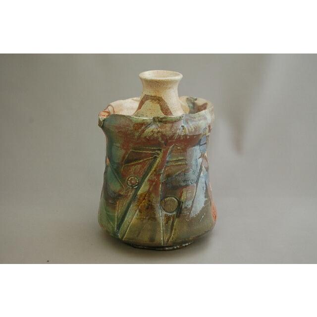 hao-9 鳴海織部 花入れ 薪窯焼成 文部大臣奨励賞受賞作家　荒川明作 木箱付き