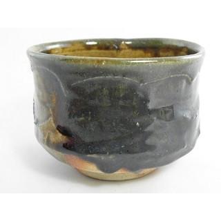 hch-24 薪窯焼成の織部 抹茶茶碗 陶文部大臣奨励賞受賞作家 荒川明作 木箱付きの画像