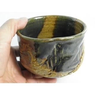 hch-24 薪窯焼成の織部 抹茶茶碗 陶文部大臣奨励賞受賞作家 荒川明作 木箱付きの画像