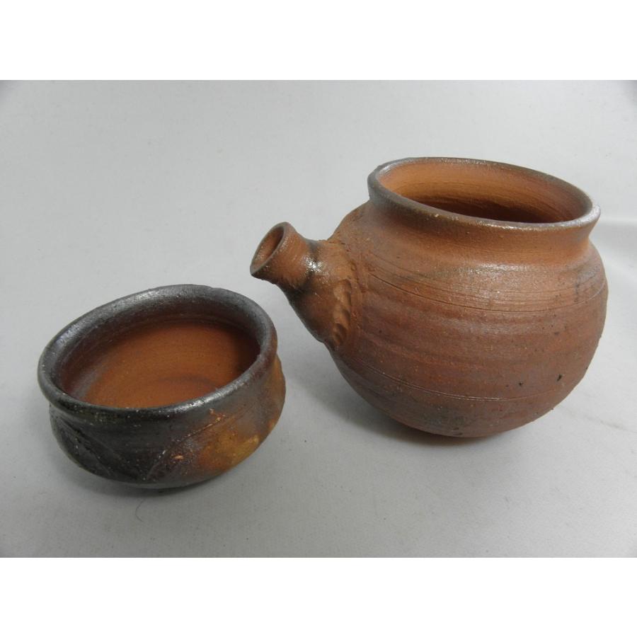 its-5 焼締酒注器＋ぐいのみセット  文部大臣奨励賞受賞作家 荒川明作 木箱付き