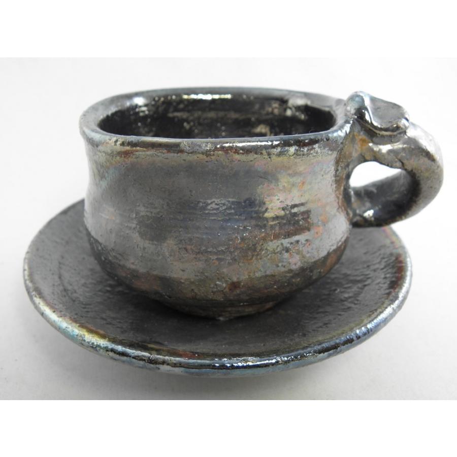 jko-6　黒虹彩 四角珈琲杯　カップ＆ソーサー 文部大臣奨励賞受賞作家 荒川　明作 木箱付き