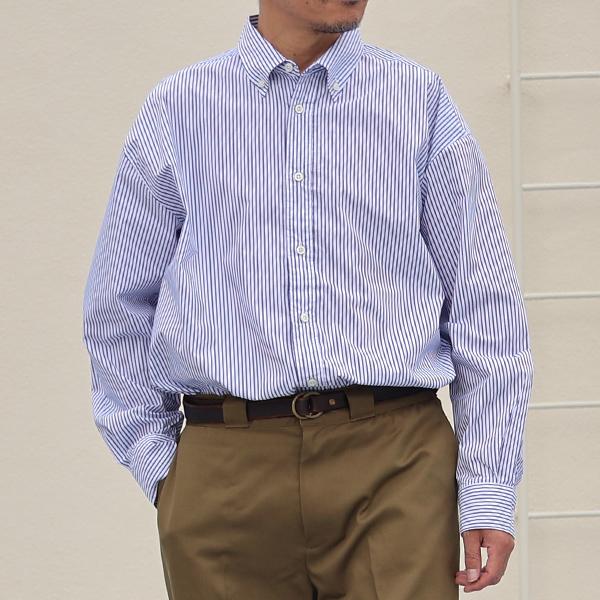 オーディエンス Audience ボタンダウン ボクシーAライン 長袖シャツ コットンライク ストライプ 吸水速乾・接触冷感・UVカット 日本製 AUD6667 | Audience | 01