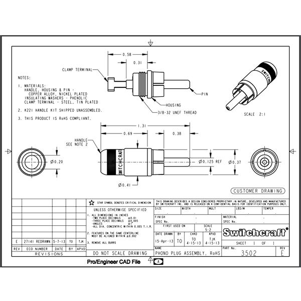 Switchcraft 3502/RCAプラグ（1本・ショート・先端穴空き型） ハンダ