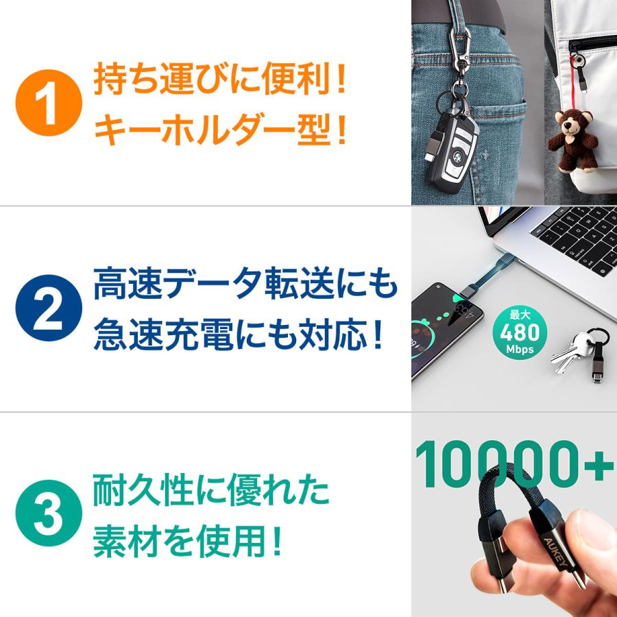 AUKEY USB-C to C ストラップ型ケーブル 10cm ブラック 急速充電