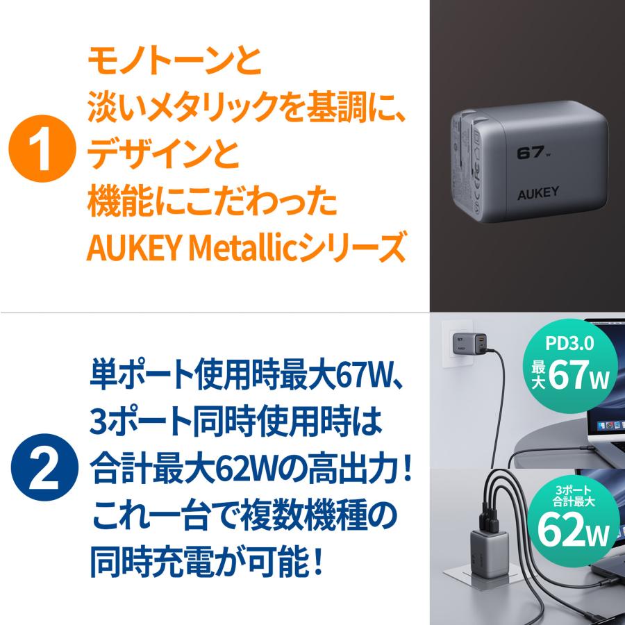 AUKEY AUKEY Metallic USB充電器 ACアダプター 67W USB-C USB-A GaN PD