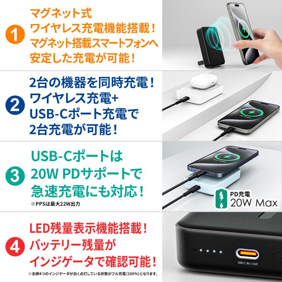 モバイルバッテリー 10000mAh 20W PD ワイヤレス充電 スマホ 急速充電 LED残量表示 AUKEY オーキー MagLink PB-ML01 | AUKEY | 04