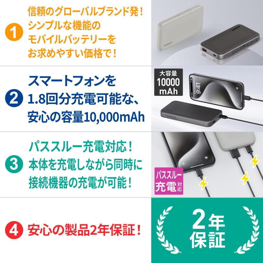 AUKEY モバイルバッテリー 10000mAh コンパクト 薄型 15W 急速充電