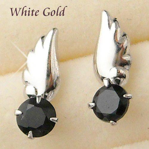 ピアス オニキス 一粒 天使の羽 10金ホワイトゴールド