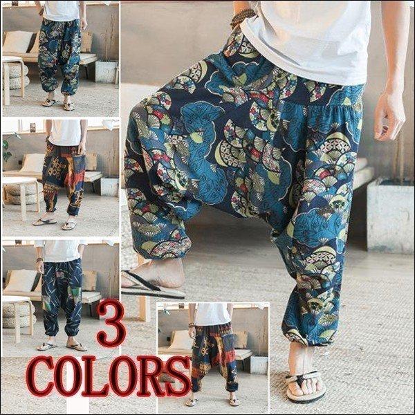 サルエルパンツ メンズ バギーパンツ サルエル ユニセックス ワイド ロングパンツ オシャレ ズボン 花柄 綿麻 薄手 春夏 激安特価品