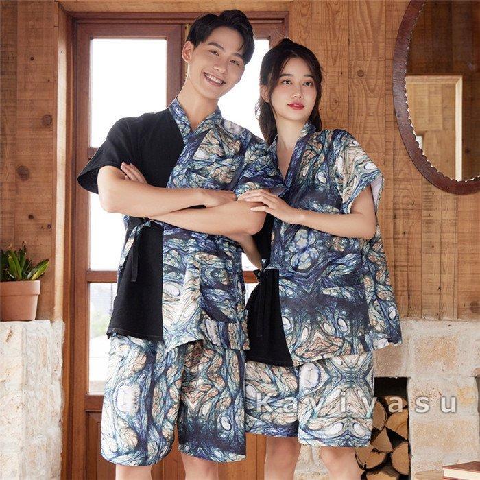 甚平 メンズ オシャレ 寝巻き 上下セット 半袖 Vネック ハーフパンツ 寝巻 前開き パジャマ レディース トップス パンツ ルームウェア お風呂