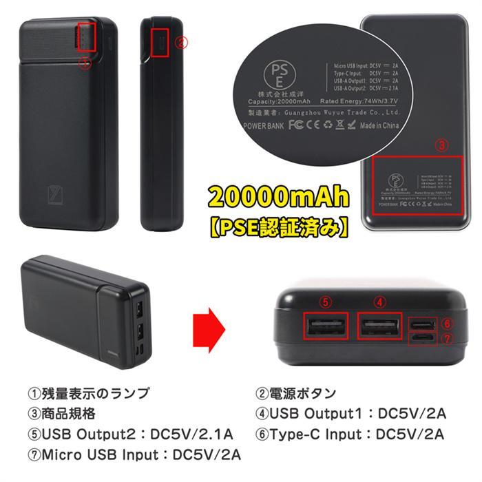 PSE承認済み】モバイルバッテリー 20000mAh 大容量 移動電源 電気残量