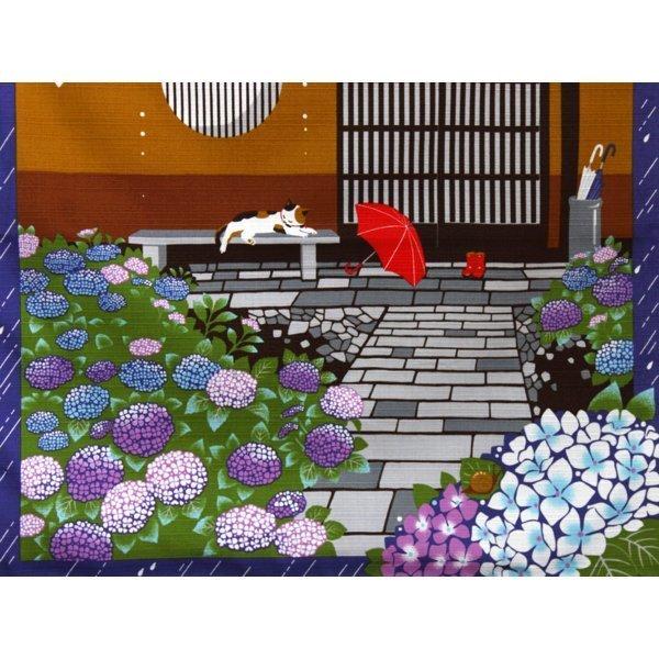 タペストリー 壁掛け 掛軸 みけの雨宿り 紫陽花 アジサイ 6月 : アップ