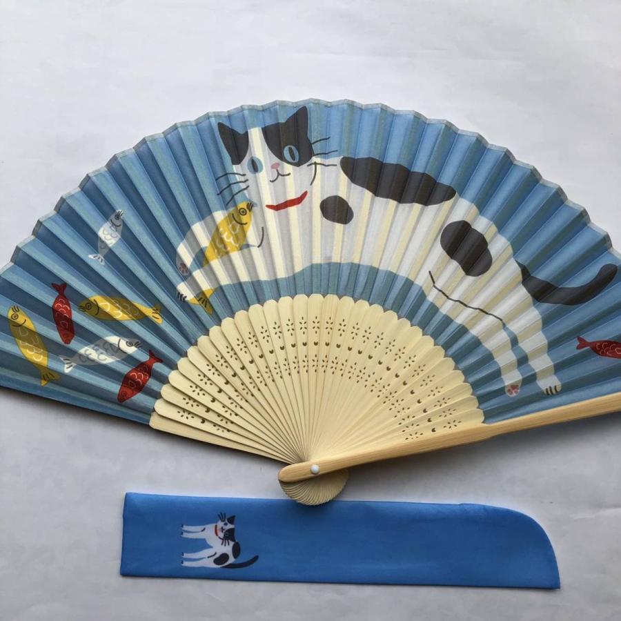 扇子 猫 ネコ 魚 シルク 絹 扇子袋付き ブルー系 送料無料 : アップ