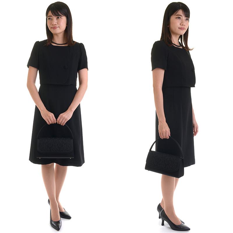 a403/F 美品　Abel オールインワン　背中あき　刺繍リボン黒ブラック 喪服・礼服用】サテンテープ平リボン付きブラックフォーマルバッグ