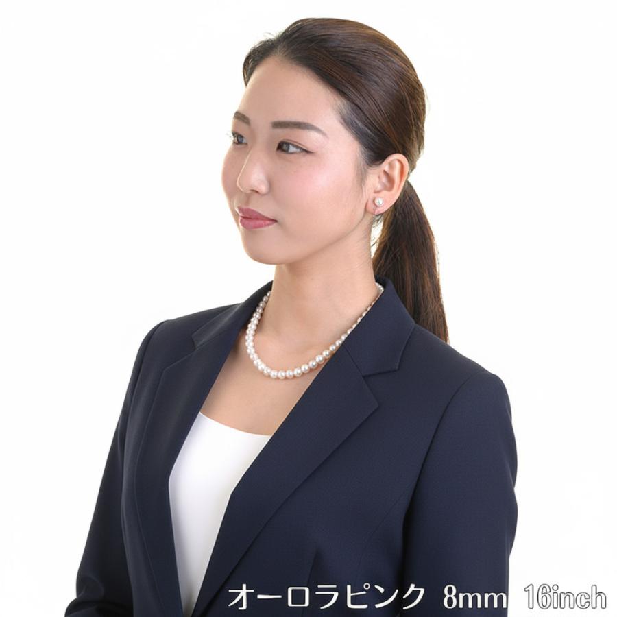 花珠高級オーロラ本貝パール8mmネックレス  ビーンズクラスプ仕様 イヤリング ピアス セット 16インチ 化粧箱付 日本製 17インチ 冠婚葬祭 結婚式の画像