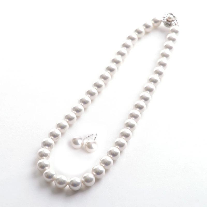 日本製10mm本貝パールネックレス イヤリングorピアスセット 16インチ 17インチ 18インチ 職人手作り品 | aurora(ファッション) | 10