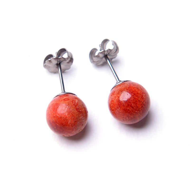 aurora アフリカ珊瑚ピアス 8mm 9mm 12mm 14mm 丸珠 赤 レッド チタン 