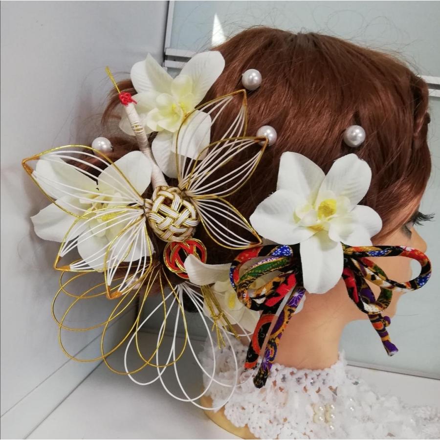 蘭×水引の鶴の髪飾り 成人式 結婚式 卒業式 和装 フォトウェディングに｜aurora-kamikazari
