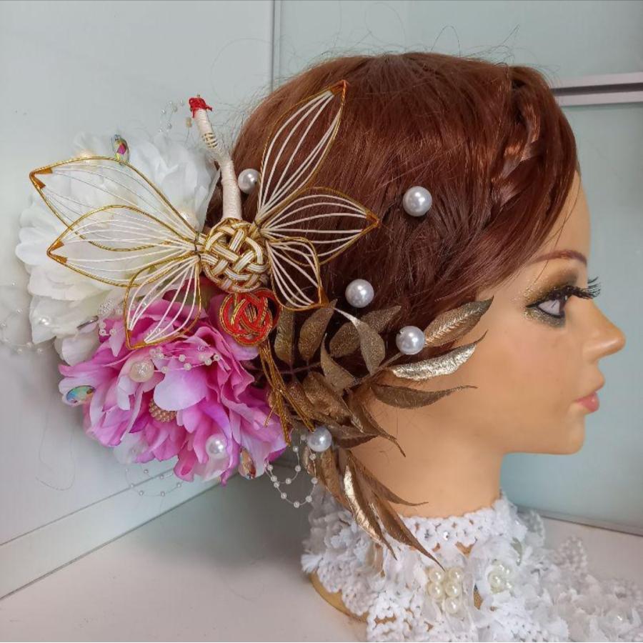 ピンク、ホワイトの牡丹×水引の鶴の髪飾り 成人式 結婚式 着物 和装小物｜aurora-kamikazari｜04