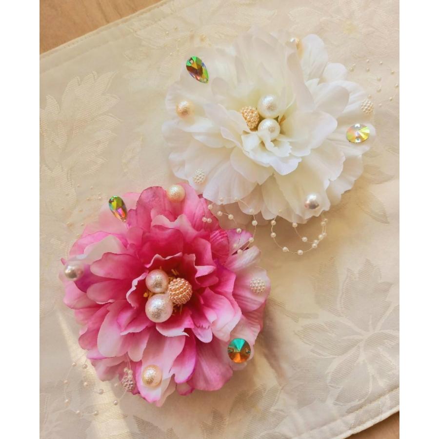 ピンク、ホワイトの牡丹×水引の鶴の髪飾り 成人式 結婚式 着物 和装小物｜aurora-kamikazari｜05