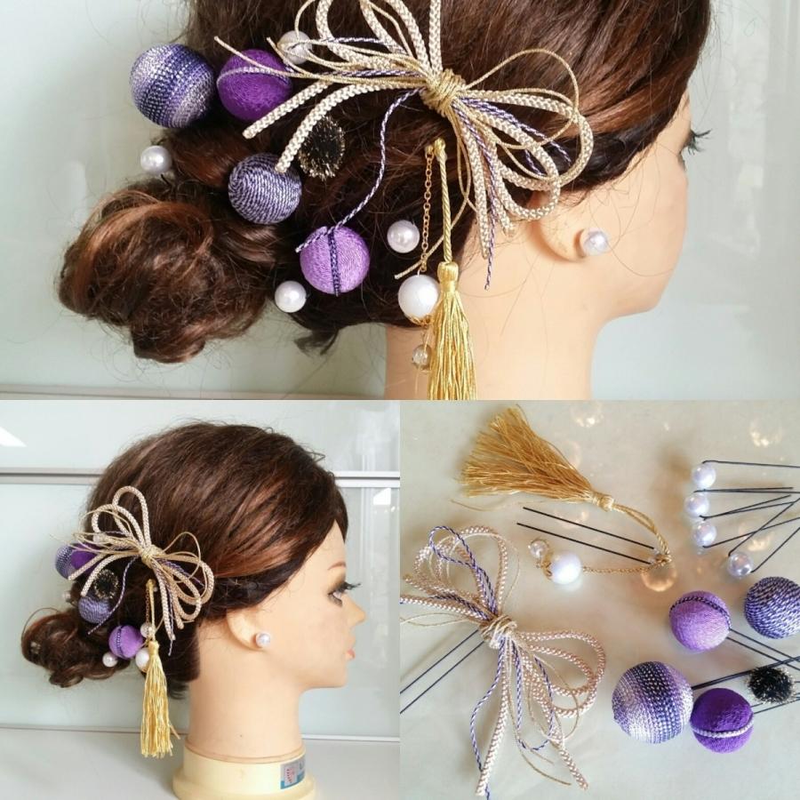 紫系のりぼん&ちりめんボールの可愛らしい髪飾り  結婚式 浴衣 日本舞踊 卒業式に｜aurora-kamikazari