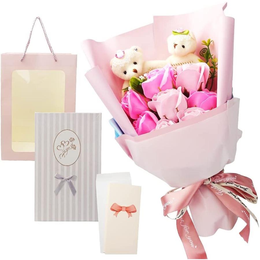 ソープフラワー 2匹のくまちゃん人形付き チープ 激安セール バラの花束 ピンクローズ お祝い 造花