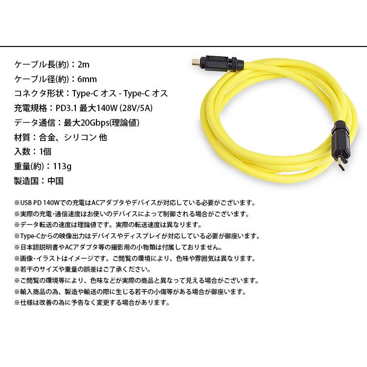 Type-C ケーブル 2m フル機能 PD 最大 5A 140W USB 20Gbps 映像信号 