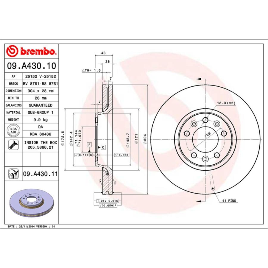 brembo ブレンボ ブレーキローター フロント用 シトロエン C5 X75F02 H22.5〜 ターボ 1.6L｜auto-craft｜03