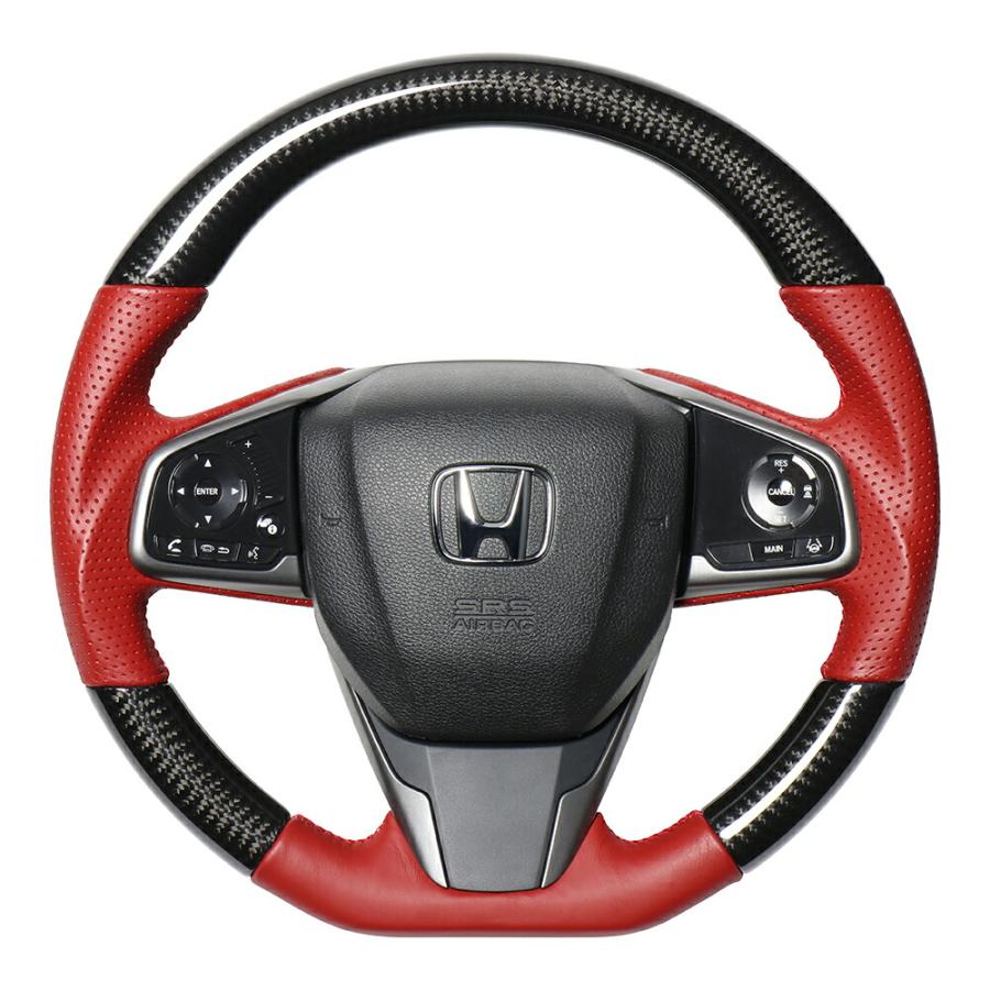 ブラックカーボン&レッドレザー レッドユーロステッチ 品番：HNB-BKC-RD REAL（車） REAL レアル ステアリングハンドル ブラックカーボン