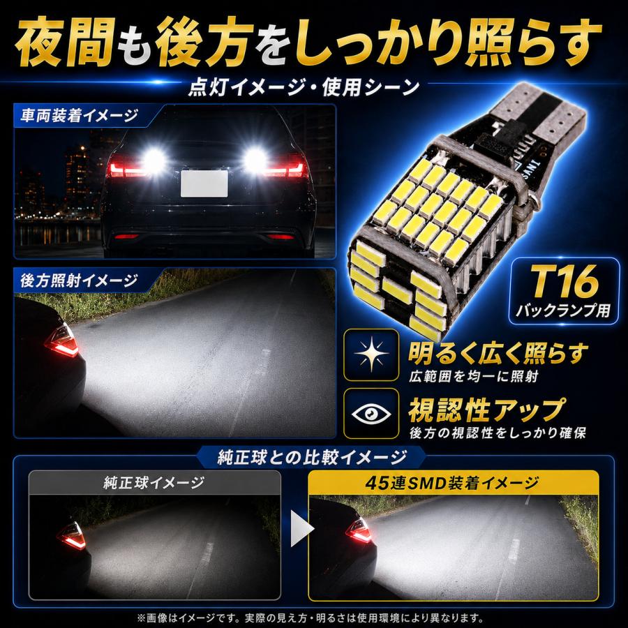 T16 LED バックランプ 爆光 ホワイト 1個 45連SMD 高輝度 白 12V 24V