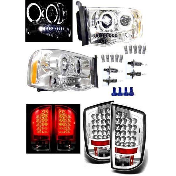 特注 日本光軸 ダッジ ラム P/U 02y- メッキ LED イカリング プロジェクター ヘッドライト &クリスタル テールランプ 左右 送料無料