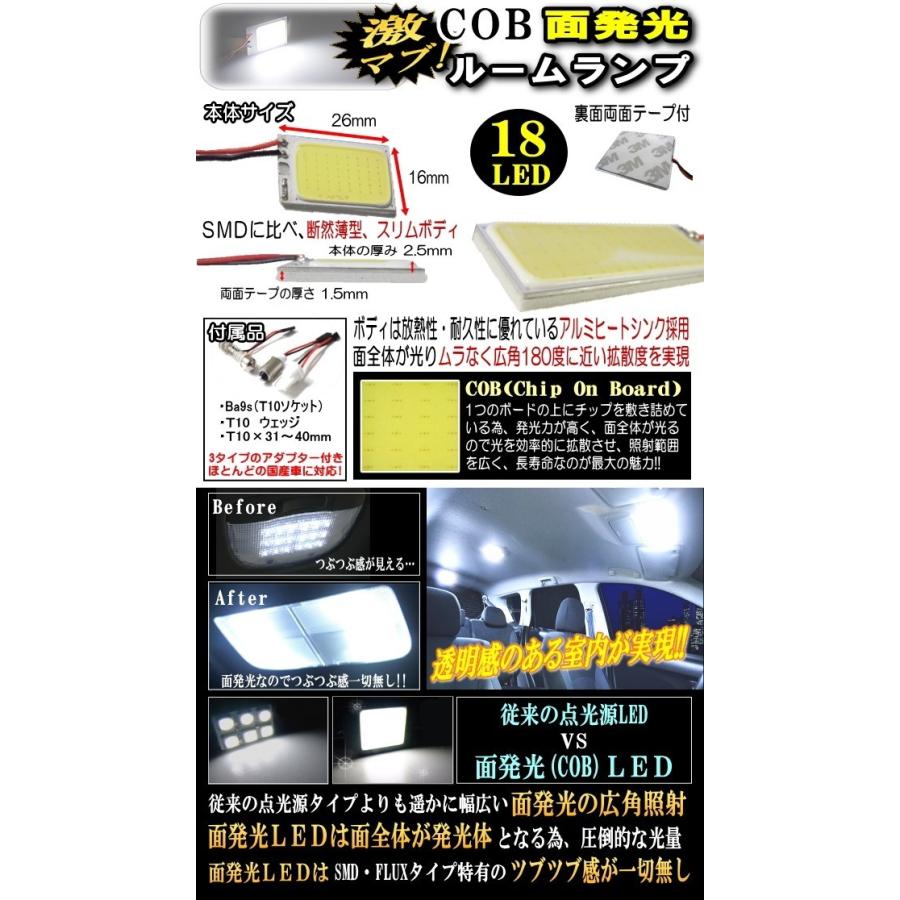 COB 18発LED 汎用 面発光ルームランプ白15mmx25mm取付ソケットキット付 T10 T10x31mm〜40mm BA9s  両面テープ付 面光源 パネル型 室内灯 ルームライト純正 交換｜auto-parts-osaka｜02