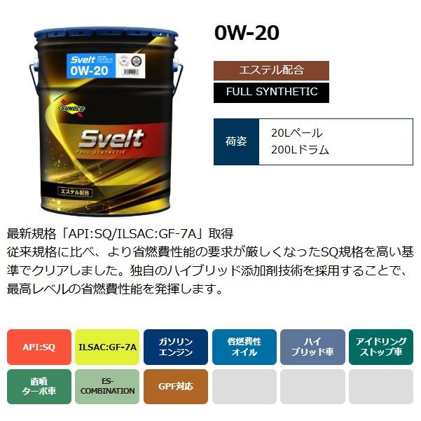 エンジンオイル sunoco SVELT 0W-20 20Lペール缶 全合成