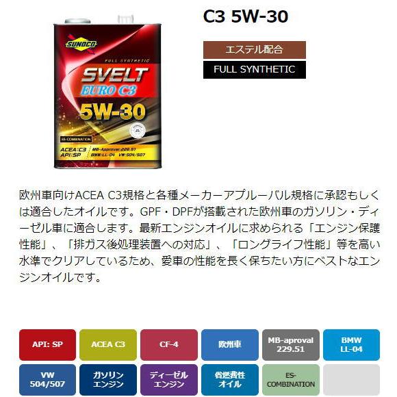エンジンオイル sunoco SVELT EURO C3 5W-30 4L缶×4（16L) 全
