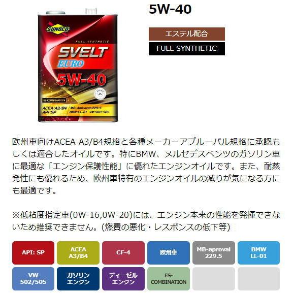 スノコ　エンジンオイル　SVELT Euro 5W-40 20リットル ペール缶 エンジンオイル sunoco SVELT EURO 5W-40 20Lペール缶 全合成