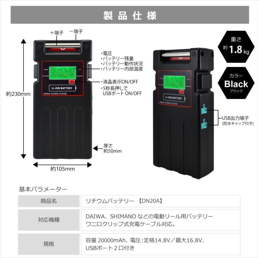 電動リール用 バッテリー 20000mAh 大画面 DN20A ダイワ シマノ 16.8V リチウムバッテリー 充電器セット USBポート 超大容量 PSE認証 長期1年保証付き｜autoedixx｜09