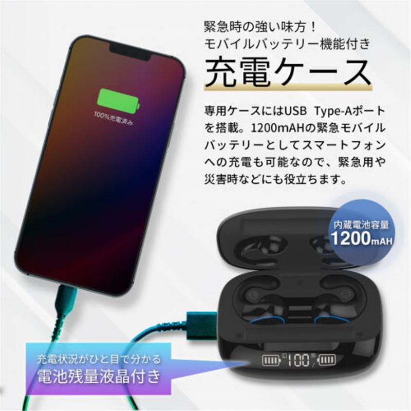 Bluetoothステレオイヤホン Ver.5.1 USBケーブル 充電ケース ブラック