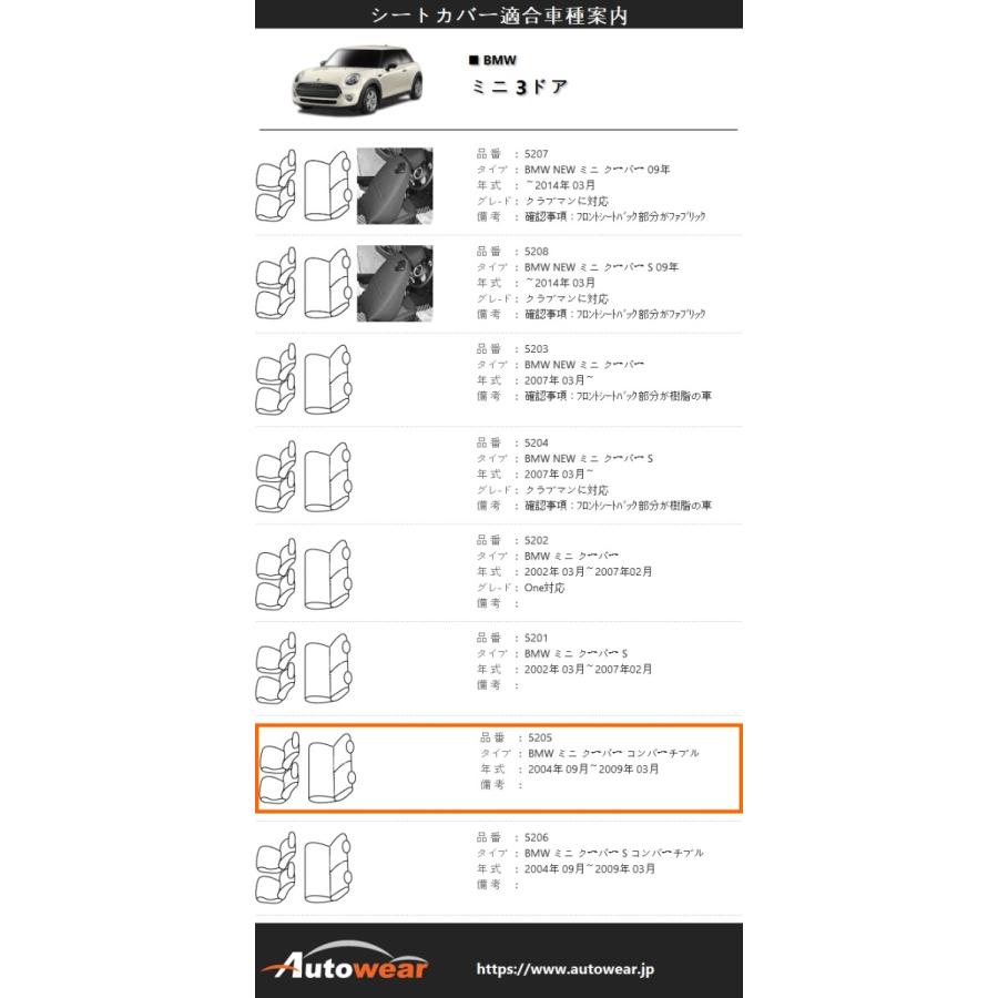 ミニ 3ドア シートカバー 品番:5205、BMW ミニ クーパー   コンバーチブル、BMW、モダン、オートウェア｜autowear-parts｜02