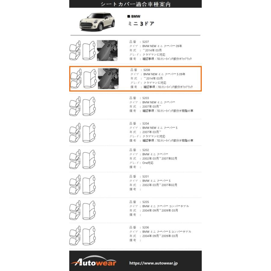 ミニ 3ドア シートカバー 品番:5208、BMW NEW ミニ クーパー  S 09年、〜2014年 03月、BMW、モダン、車 オートウェア｜autowear-parts｜02