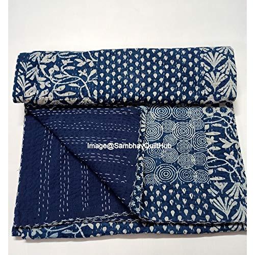 安いオーダー Sambhav Quilt Hub Blue Indigo Print Cotton Handmade Handblock Quilt Blanket Indian Cotton Indigo Print Bedspread Kantha Work Bohemian Bed Decor B