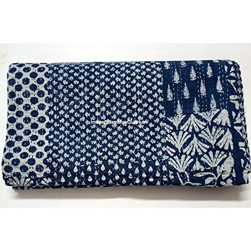 安いオーダー Sambhav Quilt Hub Blue Indigo Print Cotton Handmade Handblock Quilt Blanket Indian Cotton Indigo Print Bedspread Kantha Work Bohemian Bed Decor B