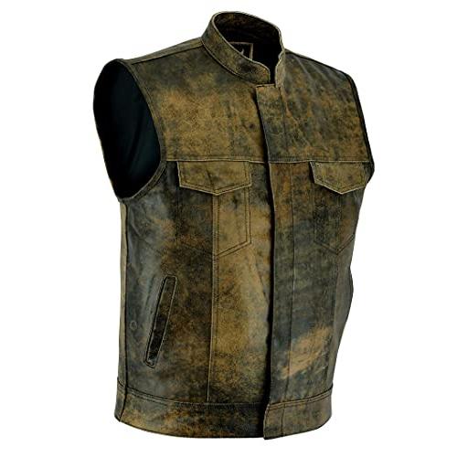 レザーリックメンズブラウンSOAダメージレザーベストビンテージ風
