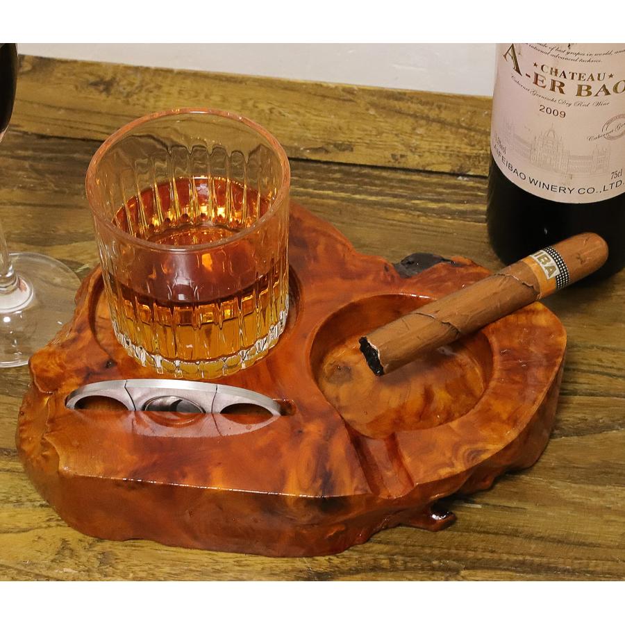 木製シガーアシュトレイウィスキーガラストレー付シガーカッターホルダー、男女のシガーアクセサリーギフト、屋外パティオ用ウィスキーガラストレー付シガー