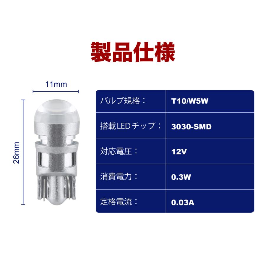 4個 T10 W5W ポジションランプ/ナンバー灯/ルームランプ 6000K 3030 LED T10 ウエッジ球 3030 チップ プロジェクター 拡散レンズ付き 360°全方位照射｜auvshop｜08