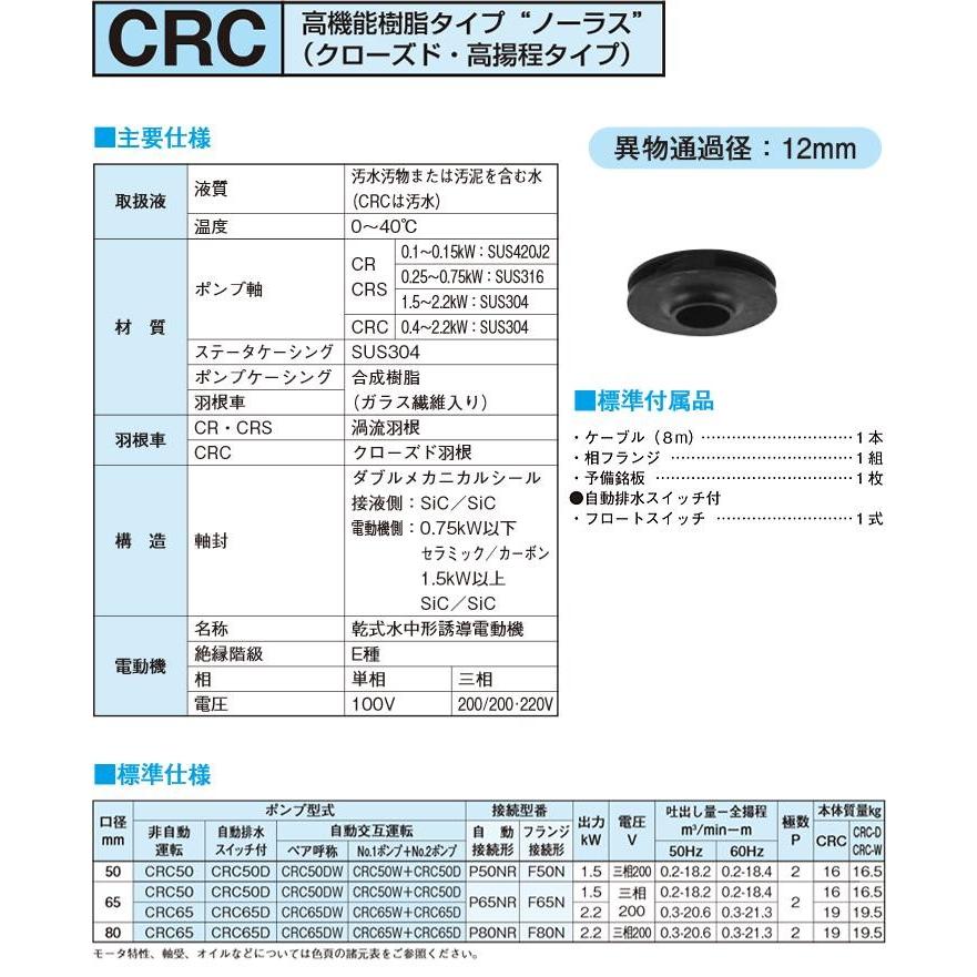 送料無料】 新明和 水中ポンプ 自動排水スイッチ付 CRC65D-F80N 2.2KW 