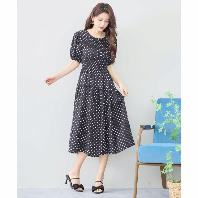 amie studio ワンピース ドット パフスリーブ ギャザー フレアー